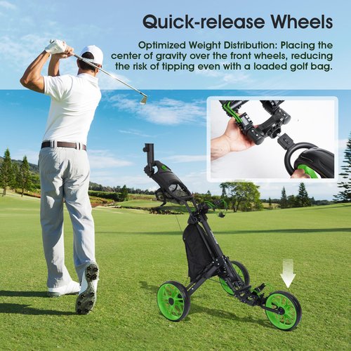 DRUIDS 3 Wheel Golf Club Caddy Cart : Easy Fold Pushing Golf cart, Adjustable Walker Trolley Golf Cart, Pull Type Golf Caddie with Cup, Umbrella Holder, Cooler, Green