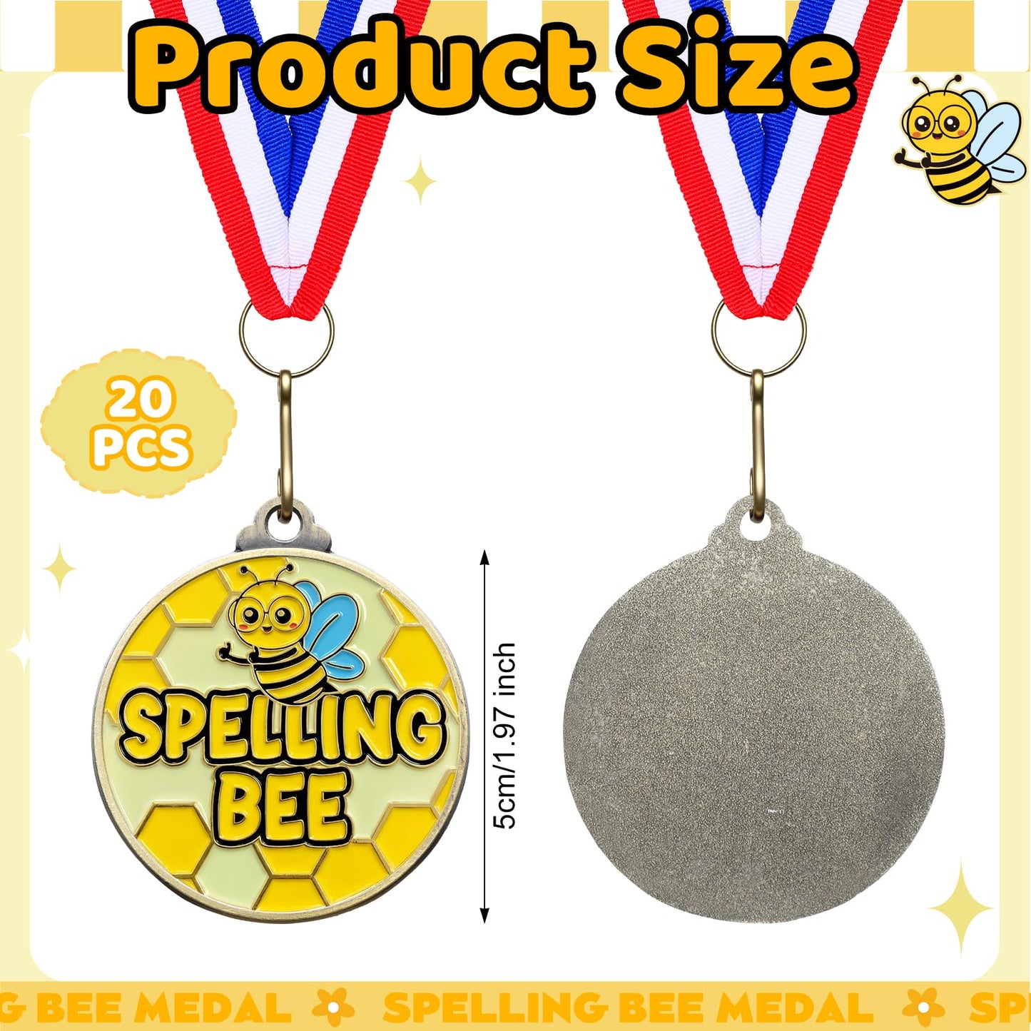 Cunno 20 Pcs Spelling Bee Medals Bulk 2'' Spelling Bee Honeycomb Award Medals with Neck Ribbon Trophy Prizes Winner Gift for School Classroom Students Teaching Competitions Supplies