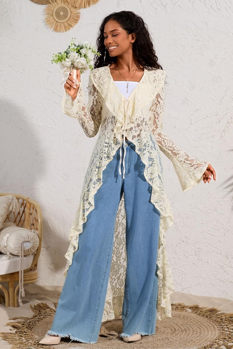 Lace Cardigan for Women Maxi - Open Front Tie Bell Sleeve Duster Cover Up Beige Large