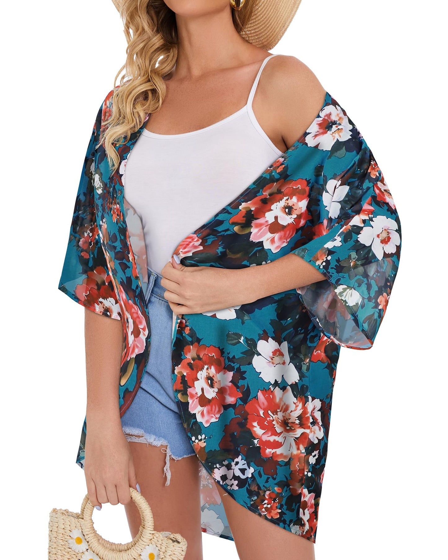 Women's Floral Kimono Print Puff Sleeve Loose Cardigan Cover Up Casual Blouse Summer Tops (Blue Red Floral, 3XL)