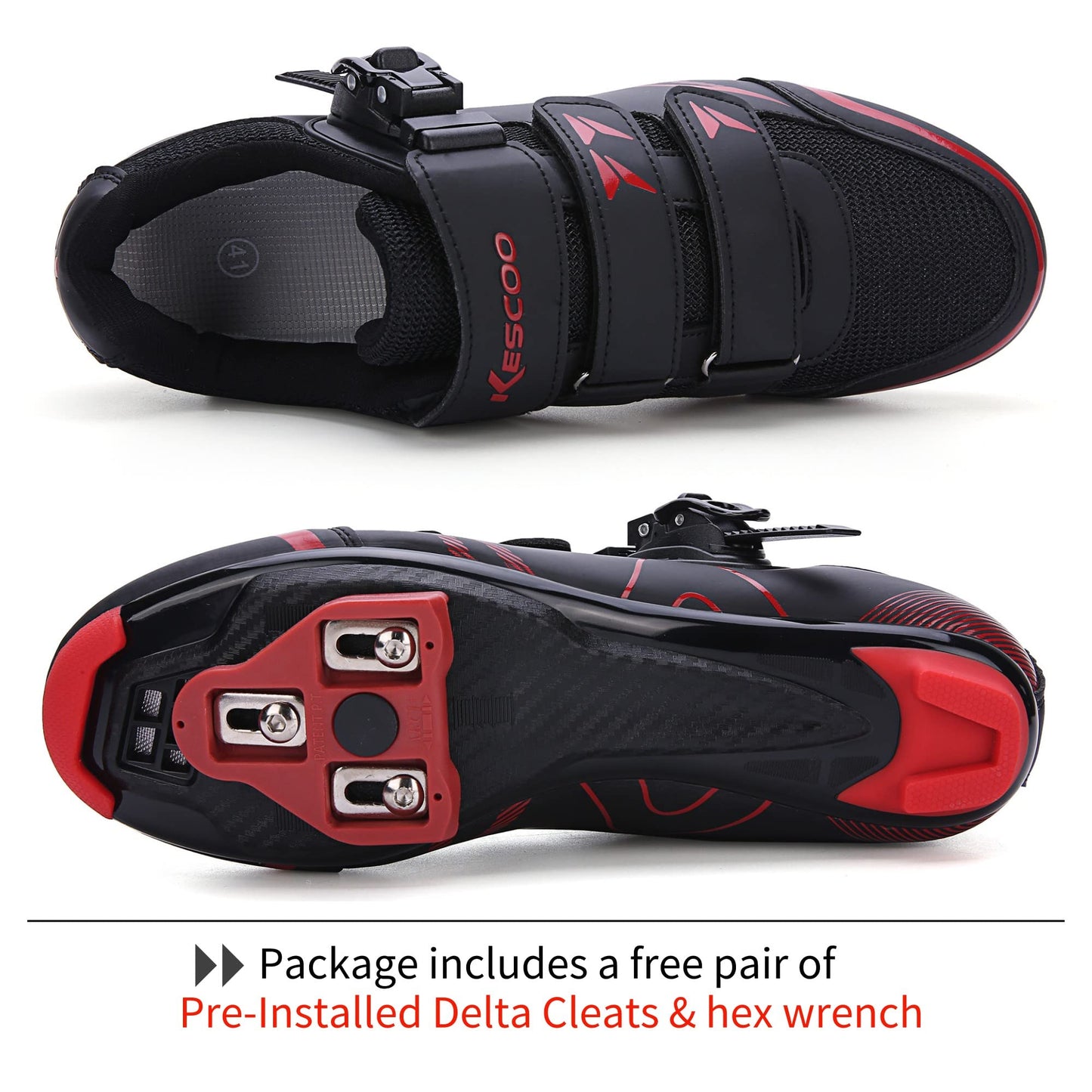 KESCOO Mens Womens Cycling Shoes Compatible with Peloton Bike Shoes and Delta Cleats Pre-Installed, Clip in Road Bike Riding Racing Biking Shoe Perfect for Indoor Outdoor - Black red, 45