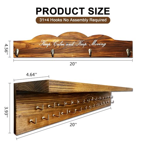 BILYSKEP 20'' Medal Hanger Display Trophy Shelf with Hooks Wooden Medal Holder for Wall Mount Ribbon Trophy Shelf Gift for Gymnastics Running Race Soccer Awards/Trophy