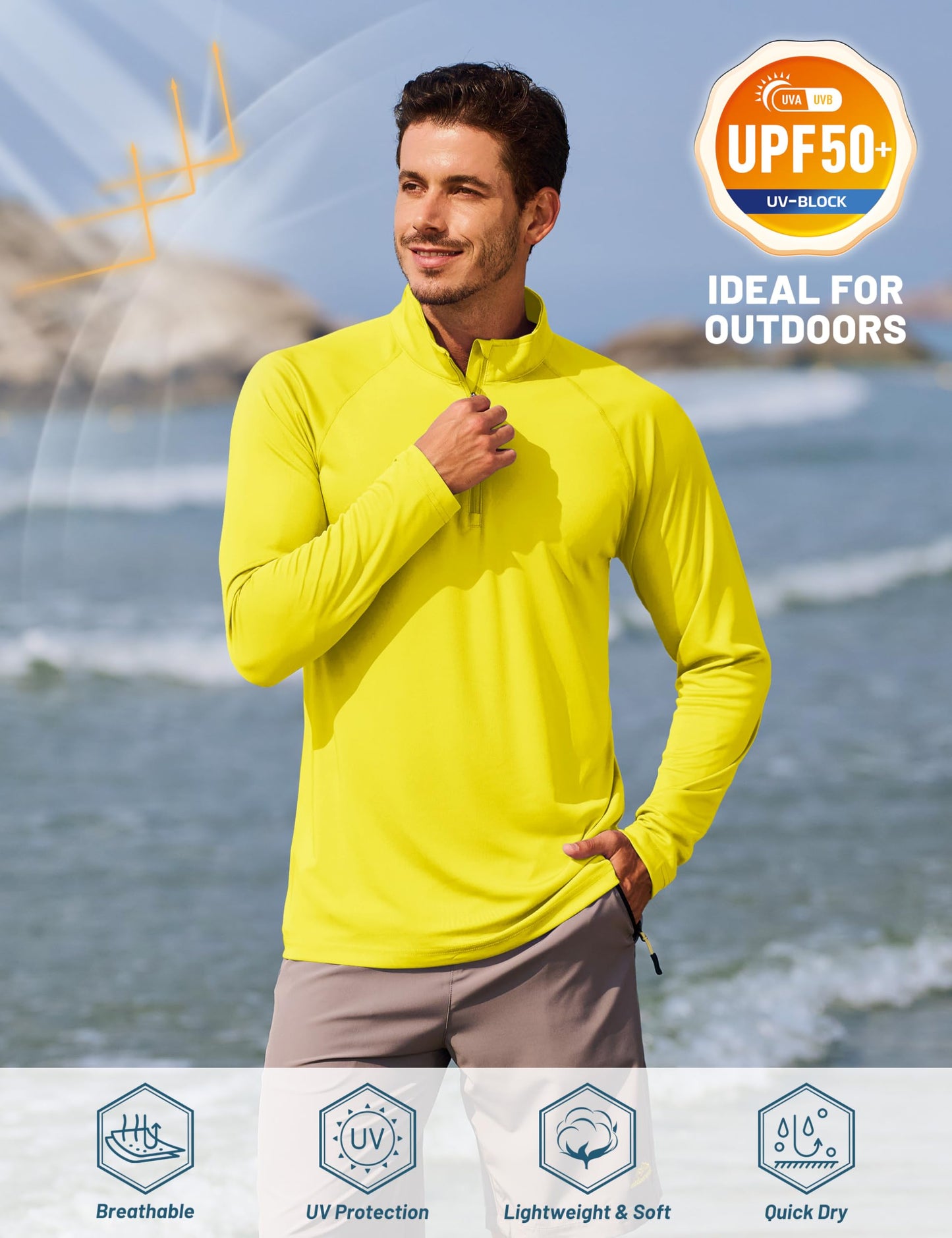 TACVASEN Swim Shirts for Men Rash Guard Sun Shirt Long Sleeve Dry Fit Mens Sun Protection Cooling Athletic UV T-Shirts Outdoor Yellow S