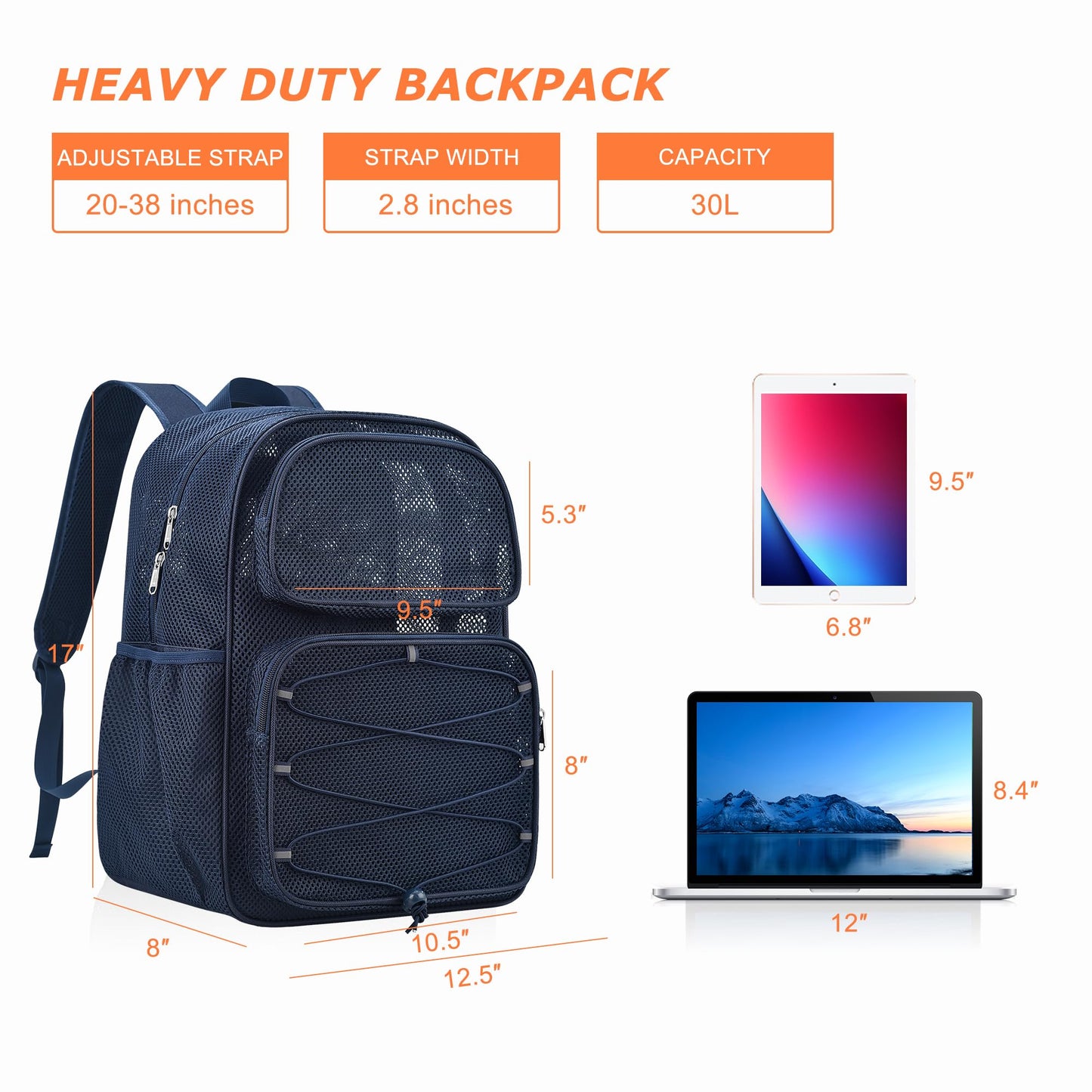 Bagenius Mesh Backpack Heavy Duty See Through Mesh Bag with Paded Strap Large Capacity for Sports Hiking Travel Outdoor Beach, Blue-30L