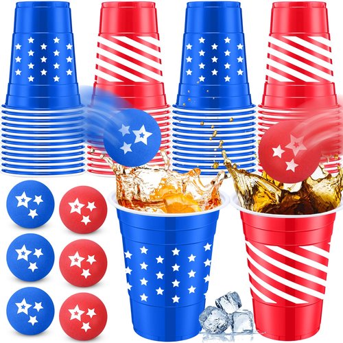 Foilswirl 32 Pcs 4th of July Party Game Set Include 16oz Patriotic 4th of July Plastic Cups with 8 Balls Red White Blue Cups for Independence Day Party Decor Juice Beverage Outdoor Toss Game Supplies