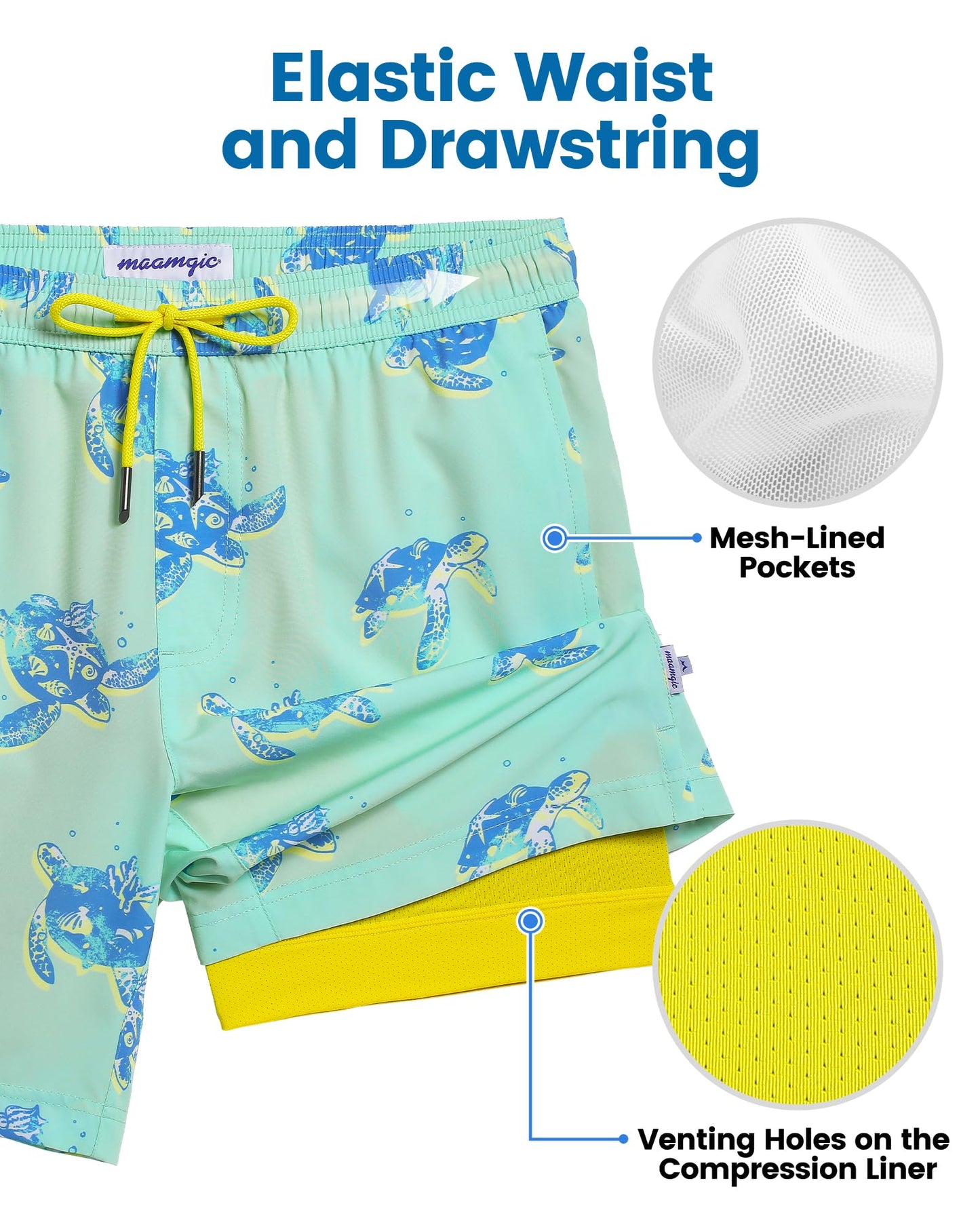 maamgic Mens Swim Trunks with Compression Liner 7 Inch Inseam Mens Bathing Suit Quick Dry Swimming Trunks Swimsuit Turtle Green Yellow Large
