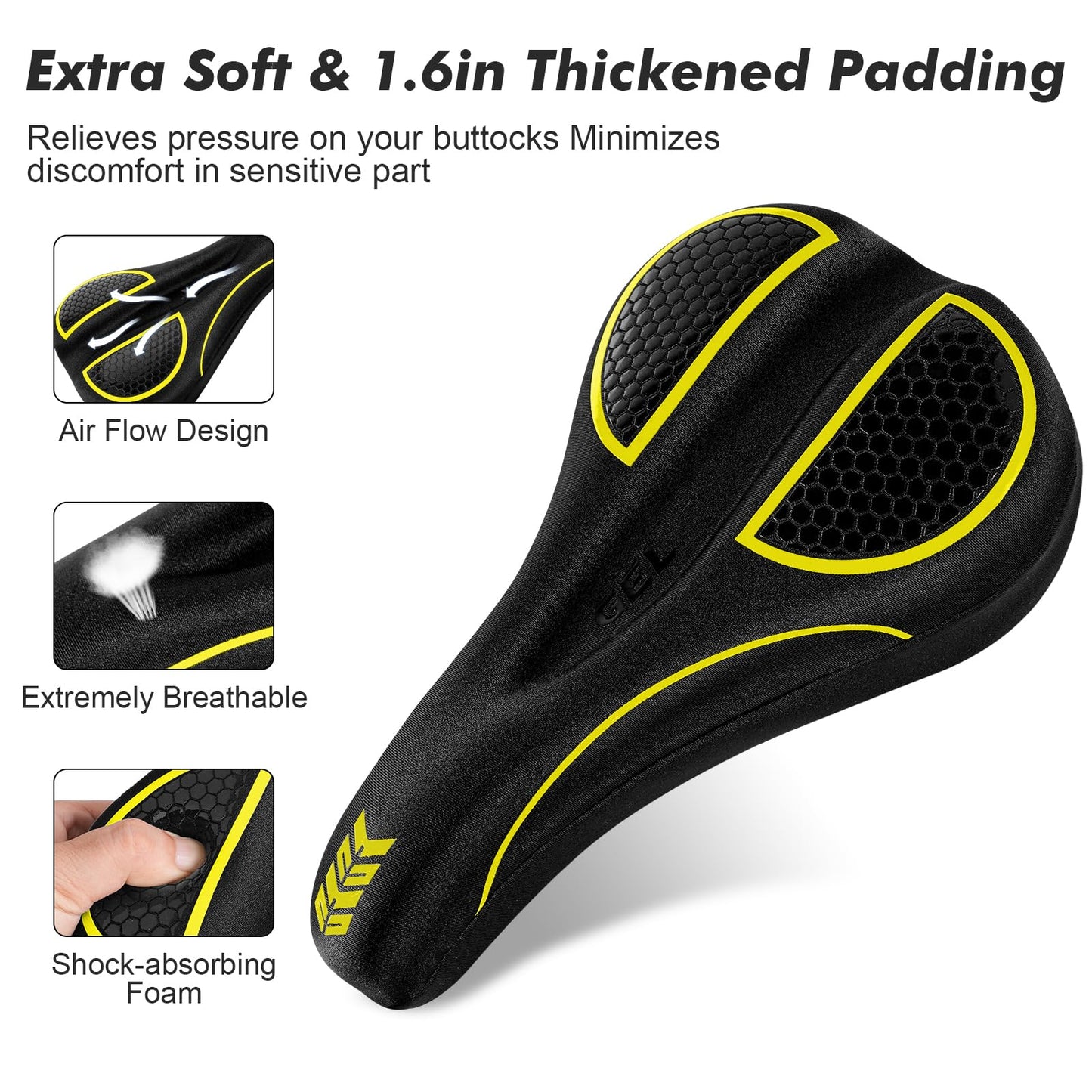 Bike Seat Cushion - Gel Padded Bike Seat Cover for Men Women Comfort, Extra Soft Exercise Bicycle Seat Compatible with Peloton, Outdoor & Indoor with Adjustable Velcro Secure Yellow