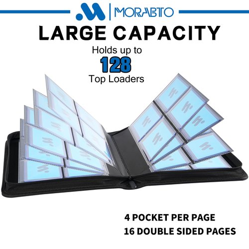 MORABTO Toploader Binder, Holds 128 Top Loaders,4 Pocket Top Loader Binders for 3" x 4" Rigid Cards,Card Album Folder for Hard Plastic Top Loaders