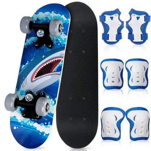 Honoson 7 Pcs Skateboard for Toddlers Beginners Knee Elbow Pads Wrist Guards Gear Set (Shark, Age 2-5 Kids 17 x 5'')