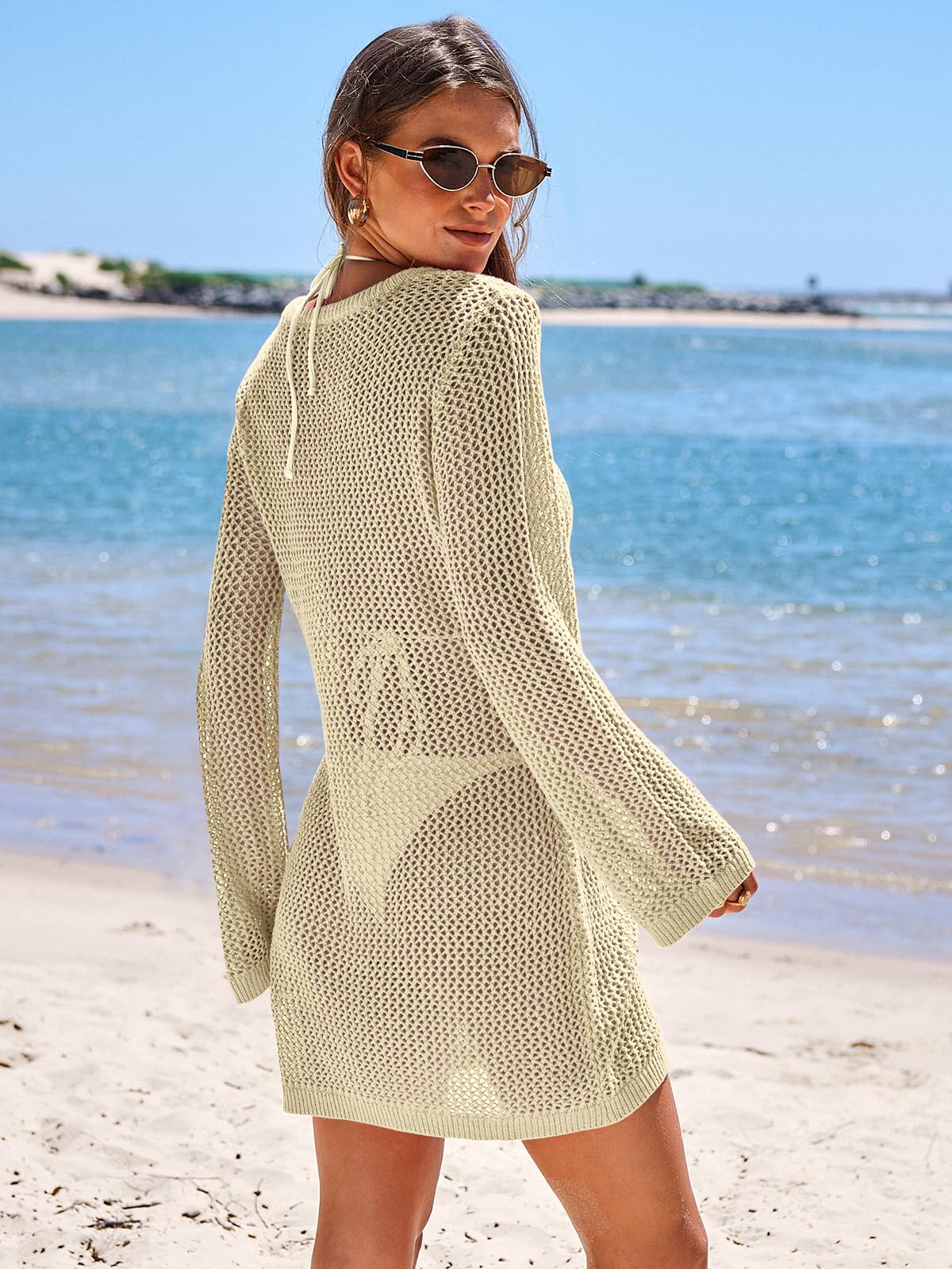 ANRABESS Women Beach Crochet Cover Ups Summer Knit Swimwear Mesh Bathing Suit Hollow Out Dress 2026 Vacation Swimsuit Beige Small
