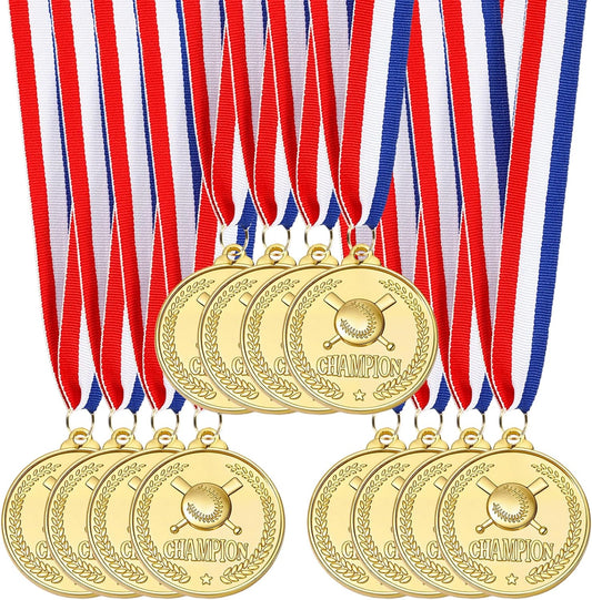 12 Pcs Baseball Medals for Award Golden Metal Medals for Kids Boys Adults Medals with Neck Ribbons Favors Competitions, Sports Events, Baseball Game Sports, Baseball Party Favors, 2 Inches