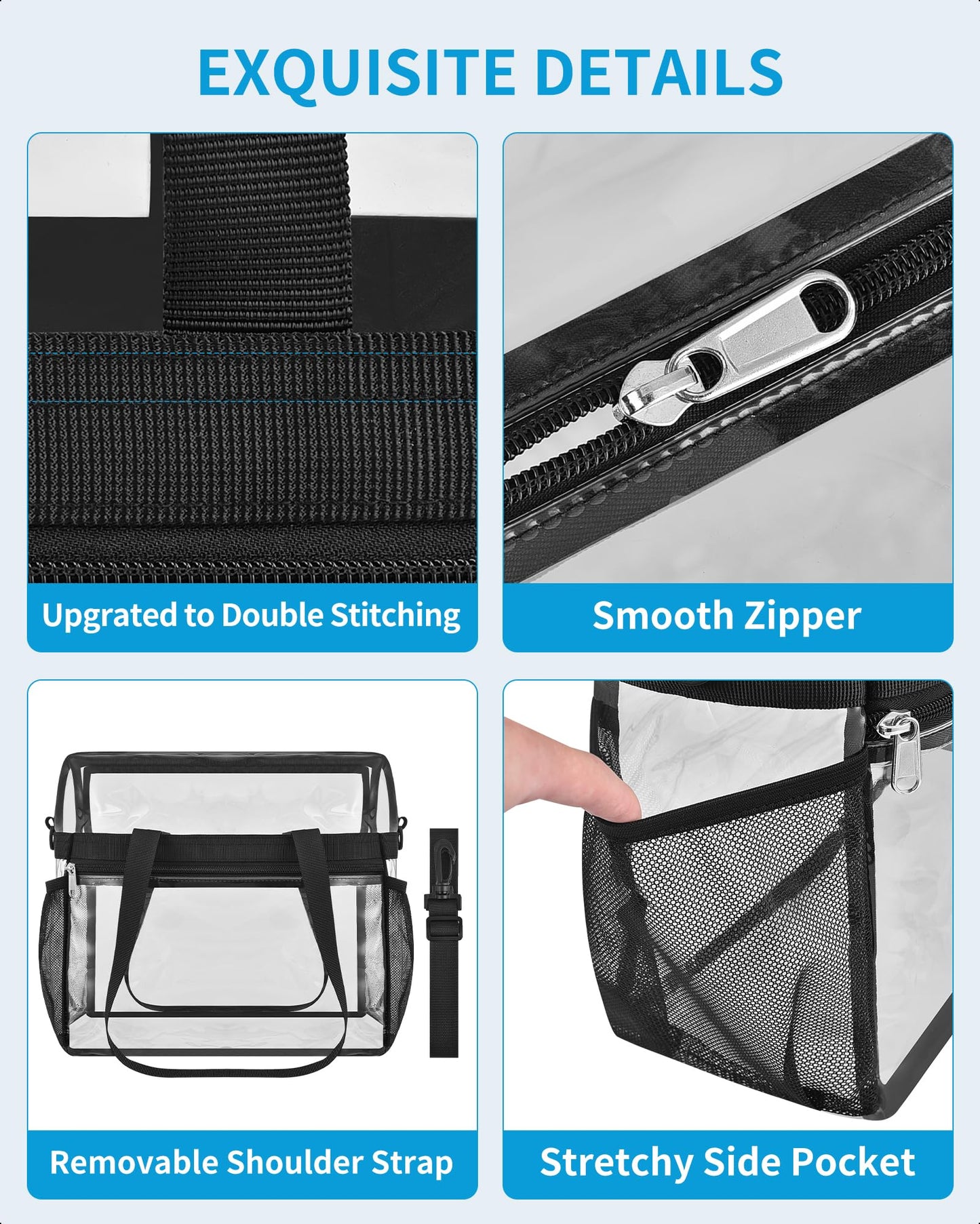 Paxiland Clear Bag for Stadium Events 12x6x12, Large Clear Tote Lunch Bag Stadium Approved with Detachable Reinforced Shoulder Straps for Concert and Festival, Transparent Handbag for men - Black