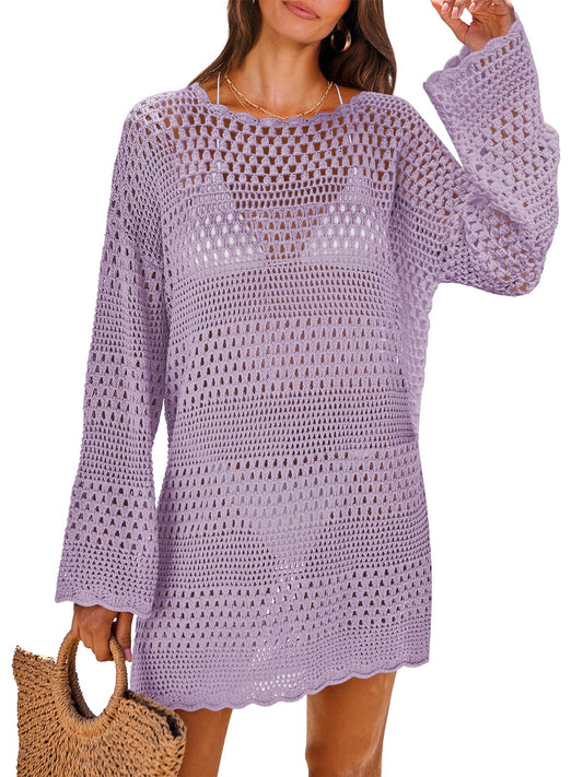 ANRABESS Women Swimsuit Crochet Swim Cover Up 2026 Summer Bathing Suit Swimwear Mesh Knit Beach Dress Vacation Outfits Light Purple Small