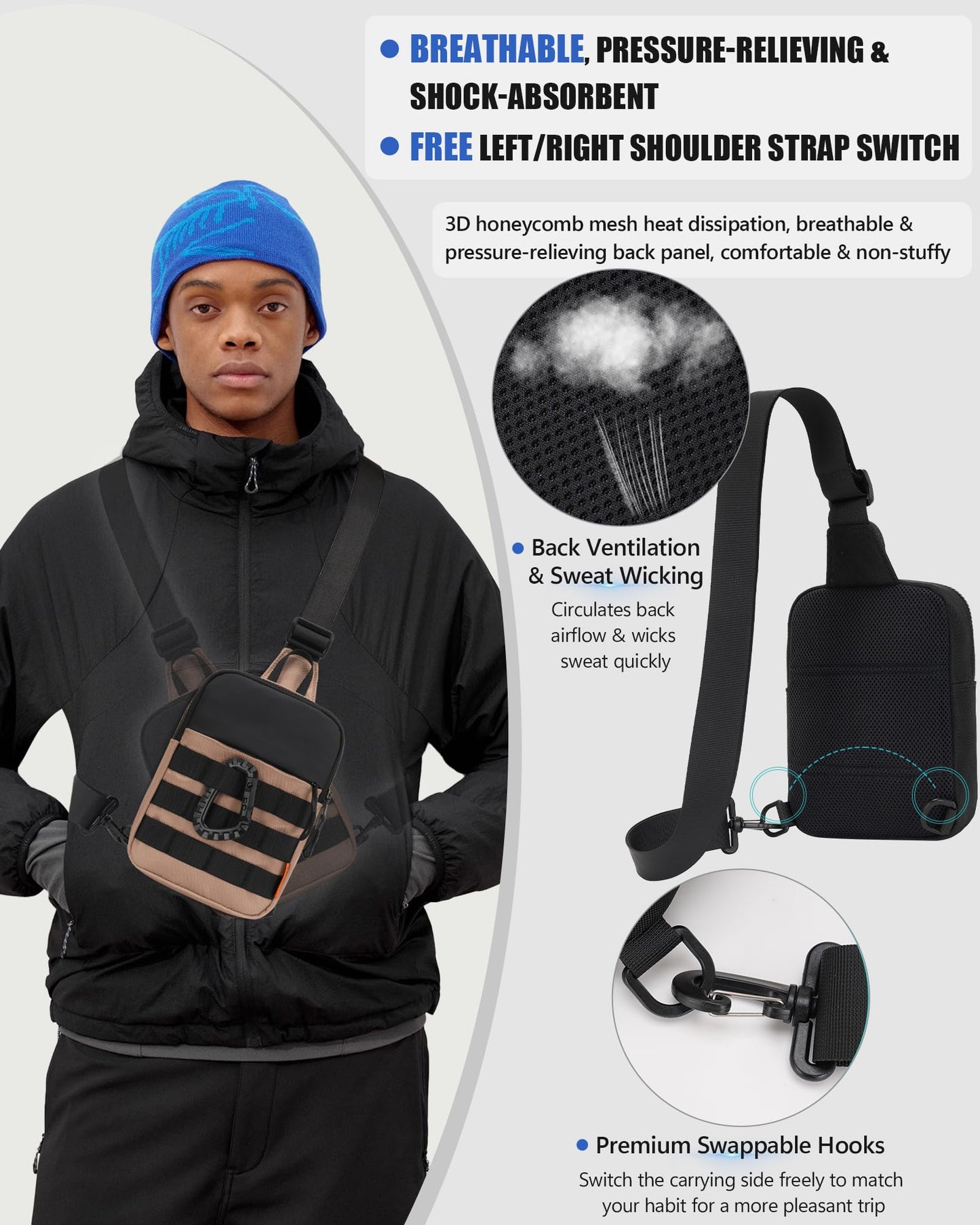 Peicees Small Anti Theft Sling Bag for Men, Tactical Inspired Waterproof EDC Mini Crossbody Chest Bag for Travel Work Sport