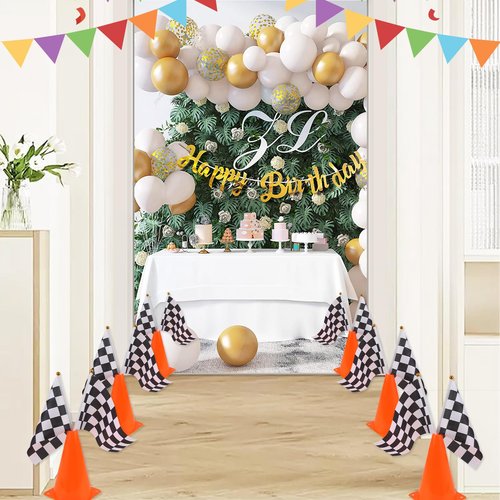 Mini Traffic Cones（With Hole on Top）with Racing Checkered Flags, Sports Safety Cones for Soccer Cones and Basketball Practice Equipment - Mini Orange Cones for Soccer Practice and Small Driving Practice Cones.Race Car Birthday Party Supplies, Kids Gift.