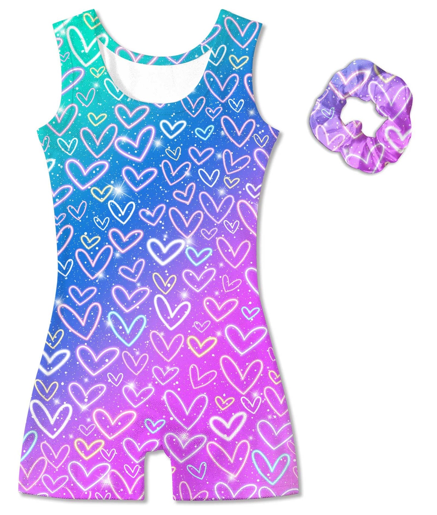 Vogseek Leotards for Girls Gymnastics Size 5 6 Blue Purple Sparkle Dots Athletic Outfits with Hair Scunchie Quick Dry Sleeveless Lightweight Activewear Biketards Sets