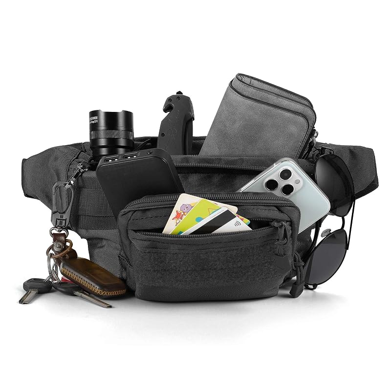 Tactical Fanny Pack with U.S. Patch | 4-Zip Military Waist Bag for Outdoors (Black, 14.6" L)