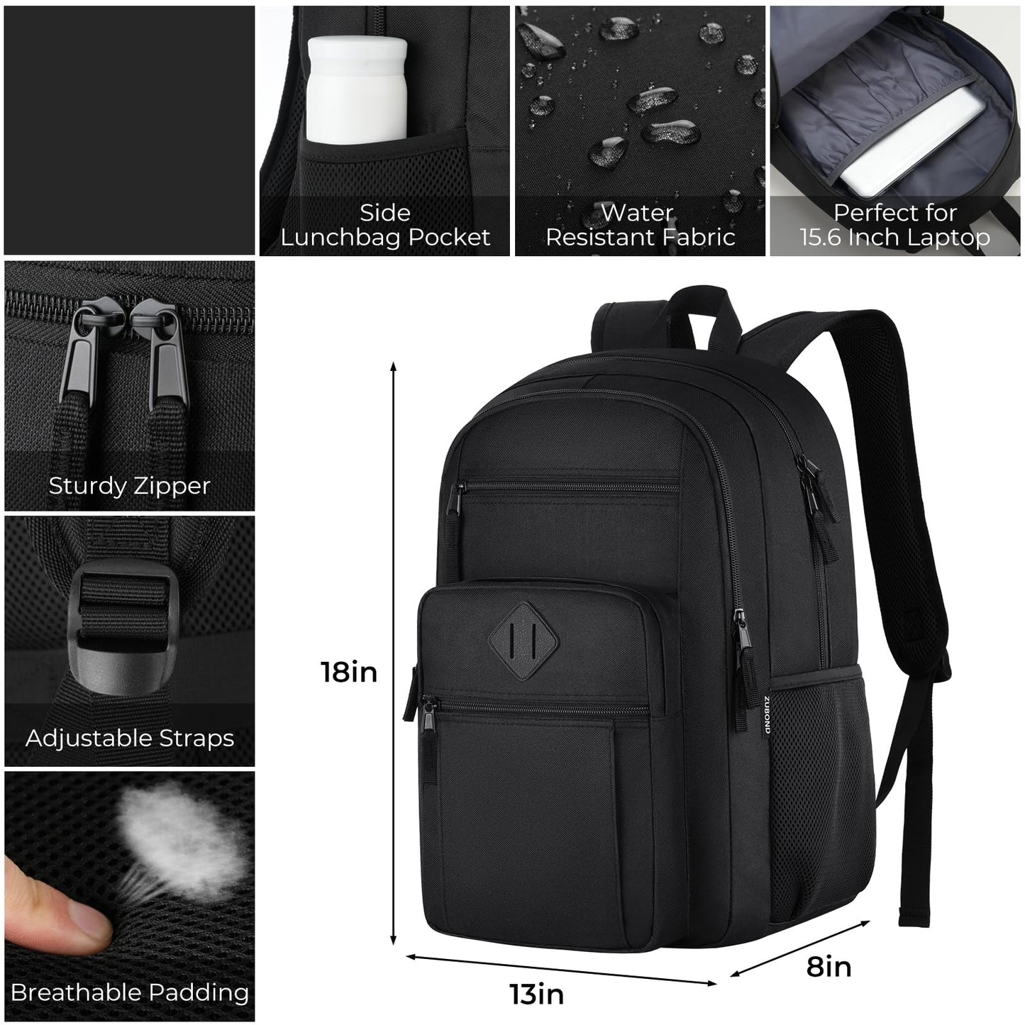 ZUBOND Unisex Black Backpack for School, Lightweight Boys Girls Backpack Fits 15.6 Inch Notebook, Water Bottle Pocket - Ideal for Teens, College Students, Adults