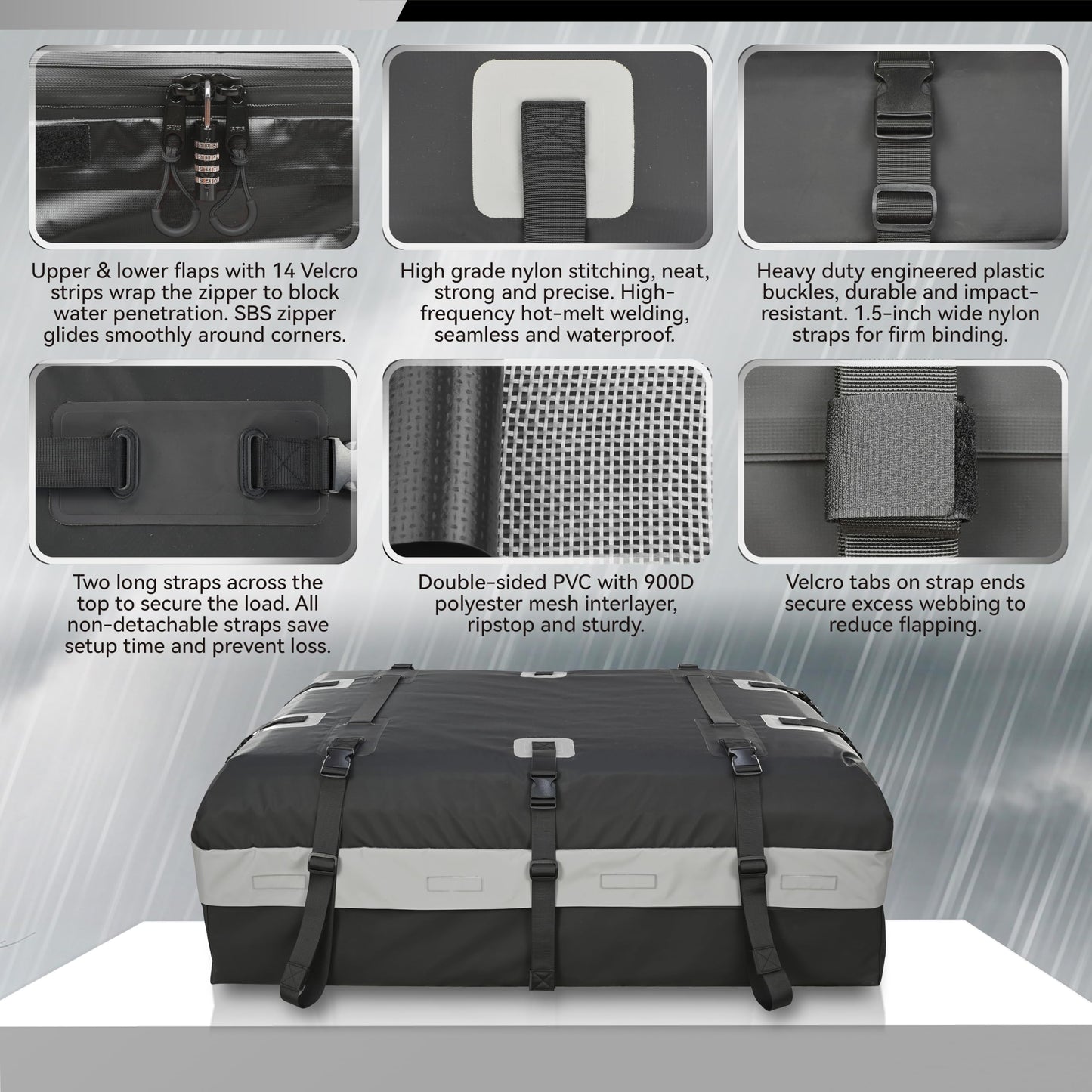 MARCHWAY Waterproof Car Roof Luggage Bag, Weatherproof Soft Shell Rooftop Cargo Carrier Bag for Vehicles with or Without Rack. 6 Door Hooks, Anti Slip Mat, Lock Included (15 Cubic Feet, Black)