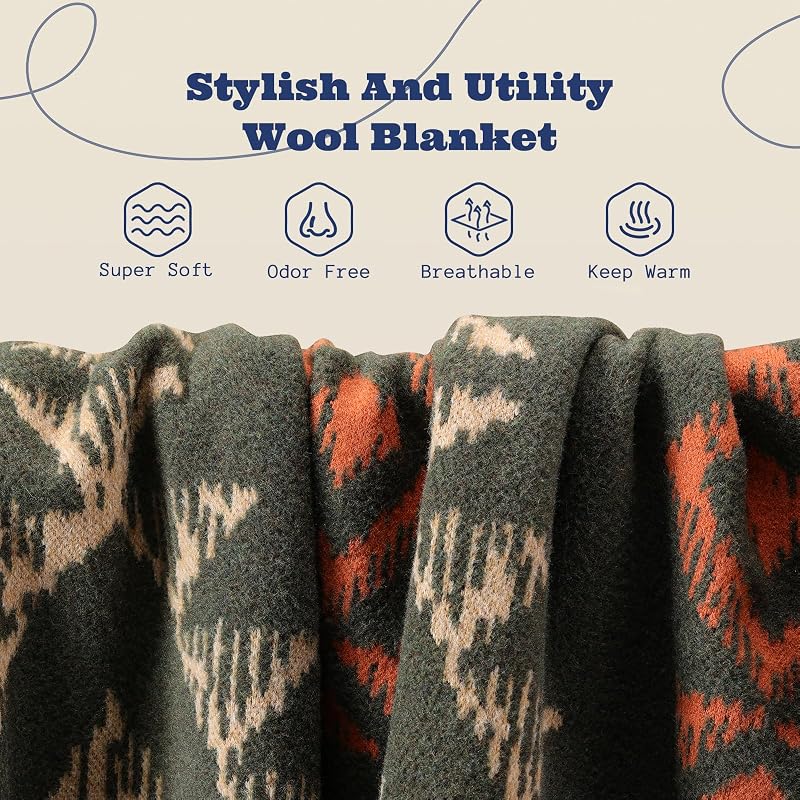 Merino Wool Camping Blanket 79x63 Inches - Navajo Green, ACUSHLA