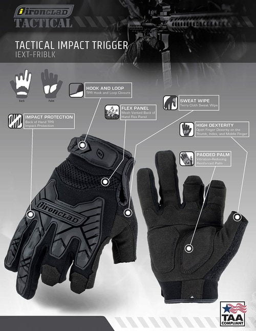 Ironclad Tactical Impact Trigger Gloves, TAA Compliant, Best for Military, Law Enforcement, Airsoft, Paintball, Machine Washable, Sized XS-XXXXL, Black (IEXT-FRIBLK-03-M), Medium (1 Pair)