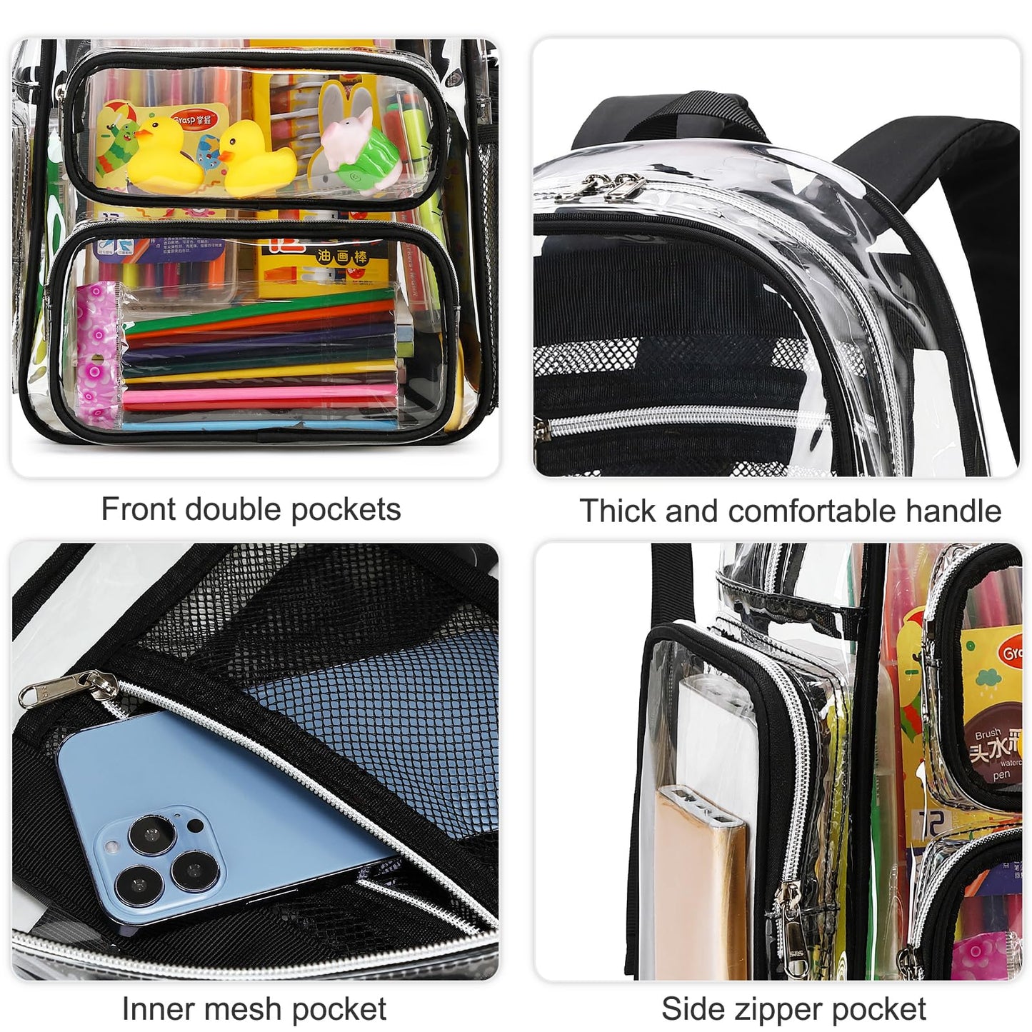 CAMTOP Clear Backpack Heavy Duty Transparent Bag for Stadium Events See Through BookBag for Student School Work Festival Sport Travel (Black)