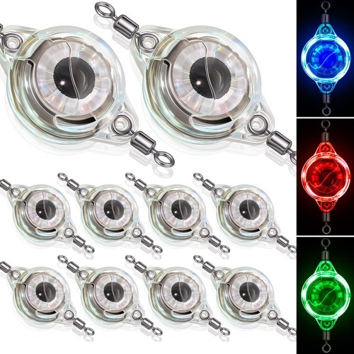 Glooglitter 10 Pcs LED Underwater Fishing Light Deep Drop Light Ice Fishing Fish Eye Lure Lighted Bait, Deep Sea LED Lures Kit, Underwater Flasher Lures