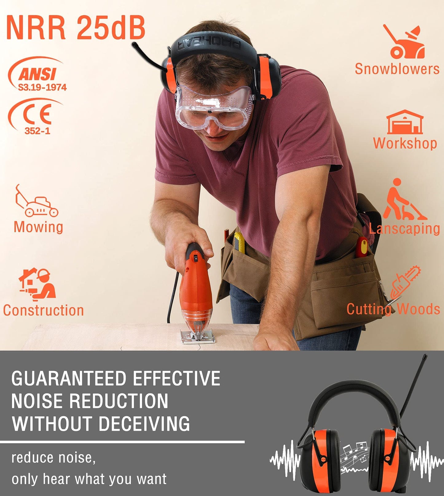 PROHEAR 033 2.0 Upgraded Bluetooth Hearing Protection AM FM Radio Headphones - 31SNR Noise Reduction Ear Muffs with Long-Lasting Stable Rechargeable Battery - 50 Hrs for Mowing Snowblowing - Orange