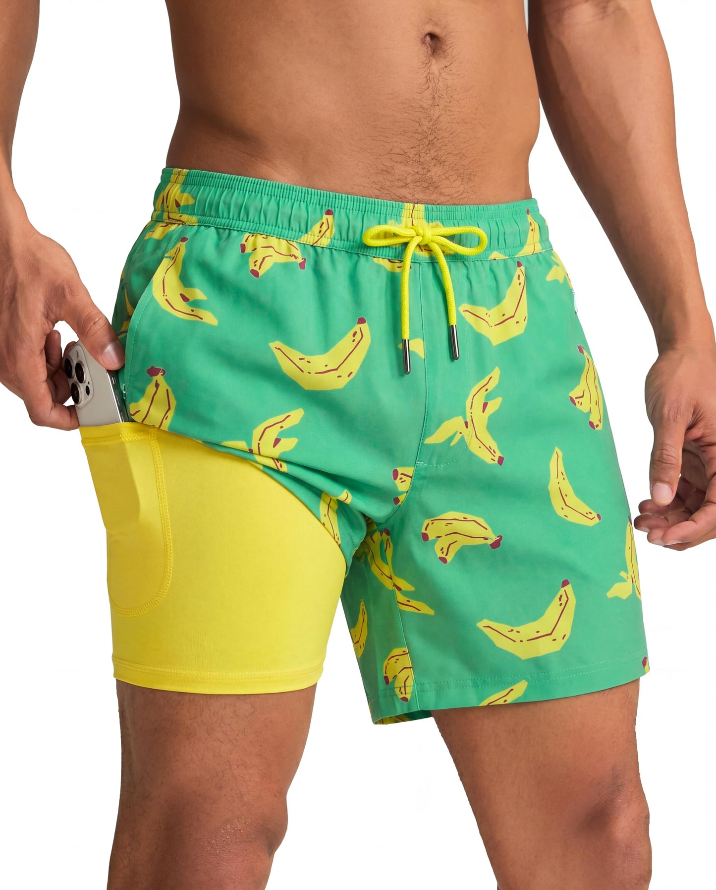 maamgic Mens Swim Trunks with Compression Liner 5 Inch, Quick Dry Bathing Suit with Zipper Pockets, Stretch No-Chafing Swim Shorts, Banana X-Large
