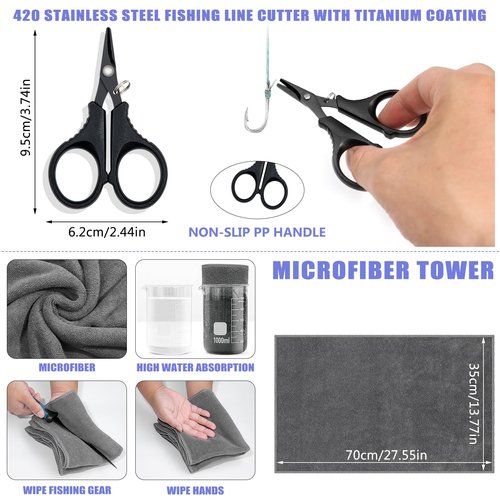 GPUSFAK Fishing Tool Kit, 54 Pieces Fishing Gear, Fishing Pliers with Lanyard, Fish Scale, Fish Lip Gripper, Fly Ice Fishing Net, Anti-Slip Gloves