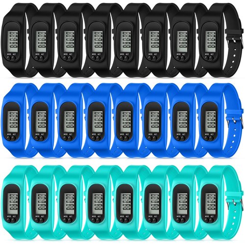 Geyoga 24 Pcs Pedometer for Walking Steps and Miles Pedometer Watch Silicone Steps Tracker Running Bracelet Ankle Step Counter for Calorie Burning and Step Counting (Mint, Blue, Black)