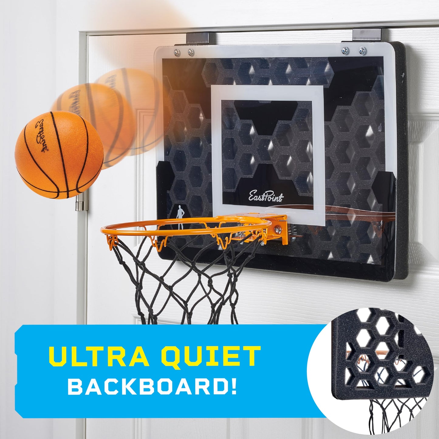 EastPoint Over-the-Door Indoor Basketball Hoop Set - Black, 18 x 12 in Backboard - Quiet Foam Ball for Indoor Basketball Game - Easy No-Drill Setup with Compact Mini Hoop for Rooms