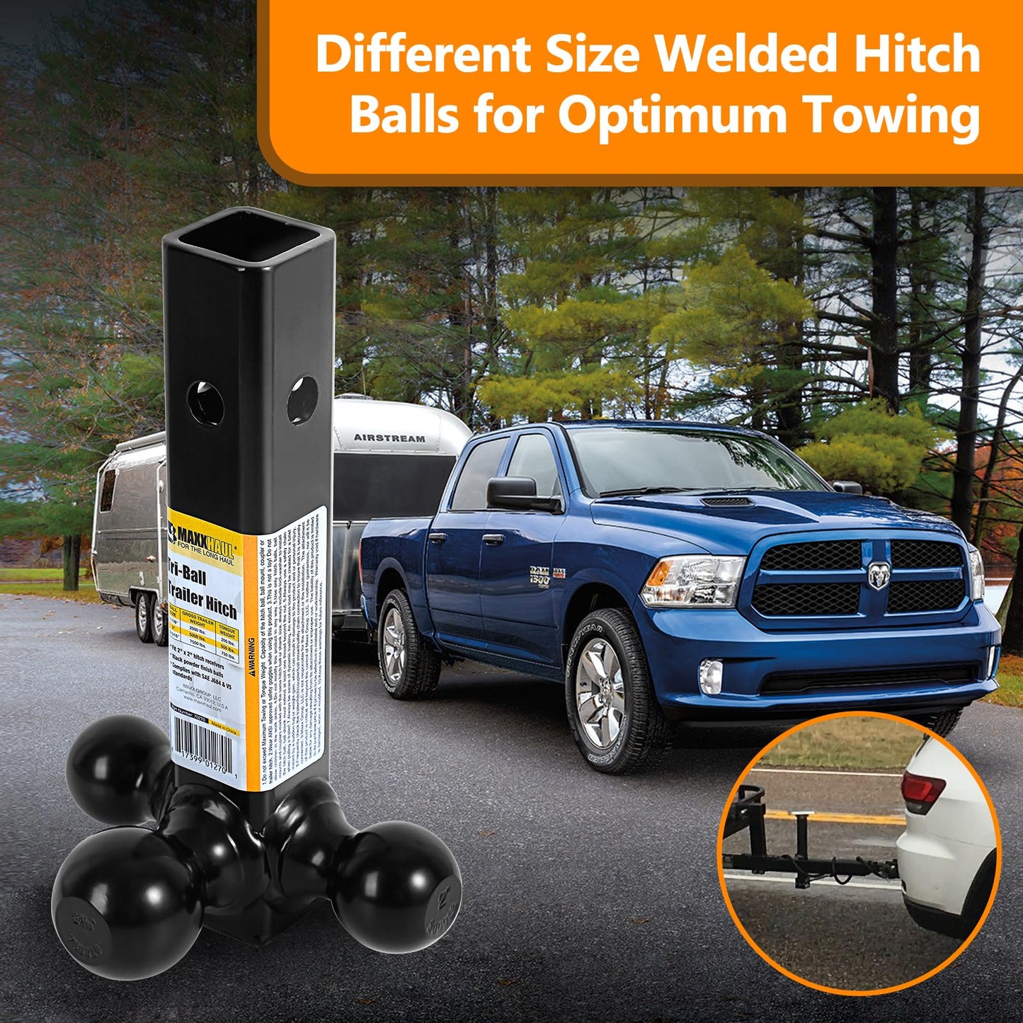 MaxxHaul 70270 Trailer Hitch Hollow Shaft Triple Ball Mount - Black