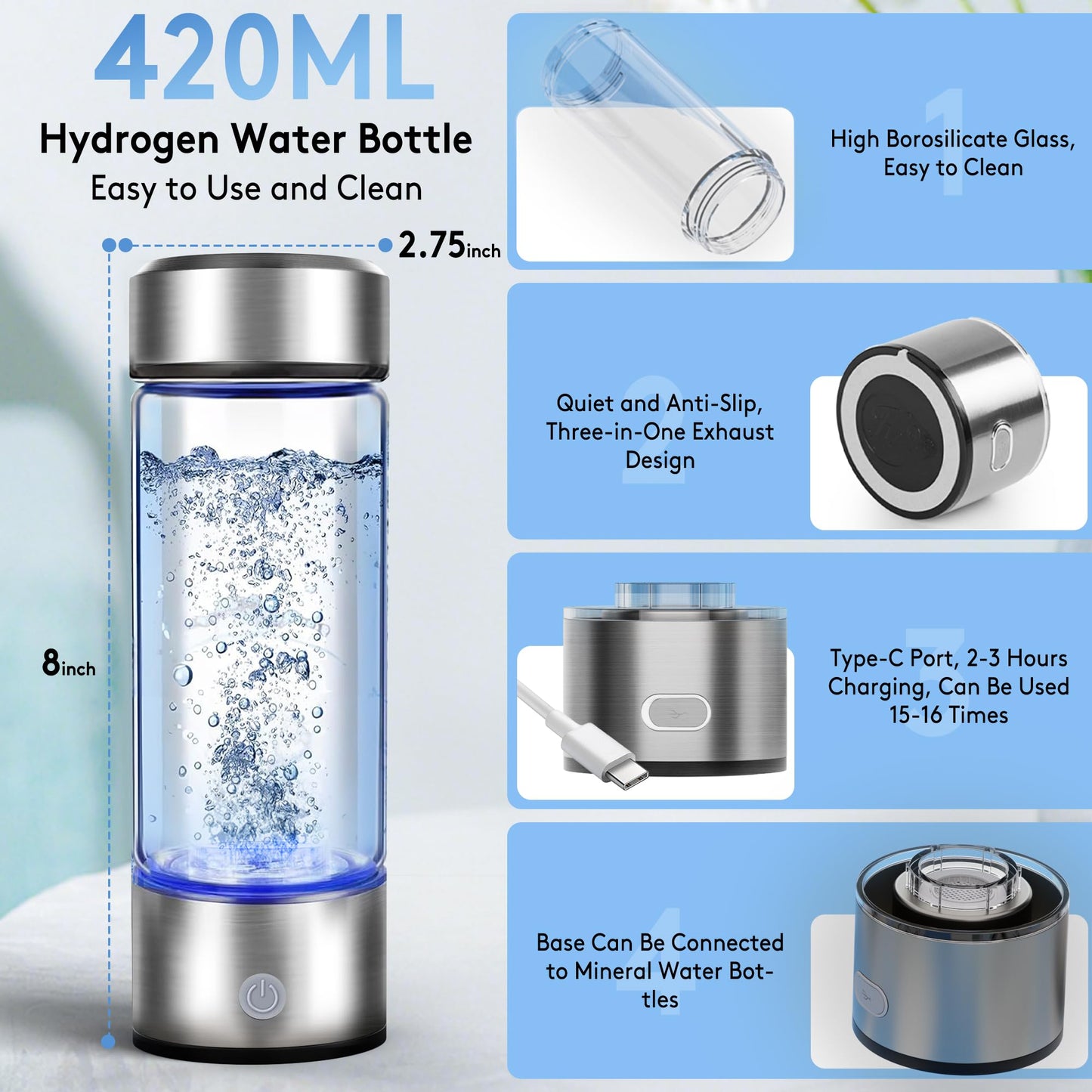 2025 New Hydrogen Water Bottle, 2200PPB in 3Min, SPE PEM Tech, Portable 16OZ, Rechargeable Hydrogen Water Bottle for Travel, Home, Office – Gift for Family & Friends (Light Gray)