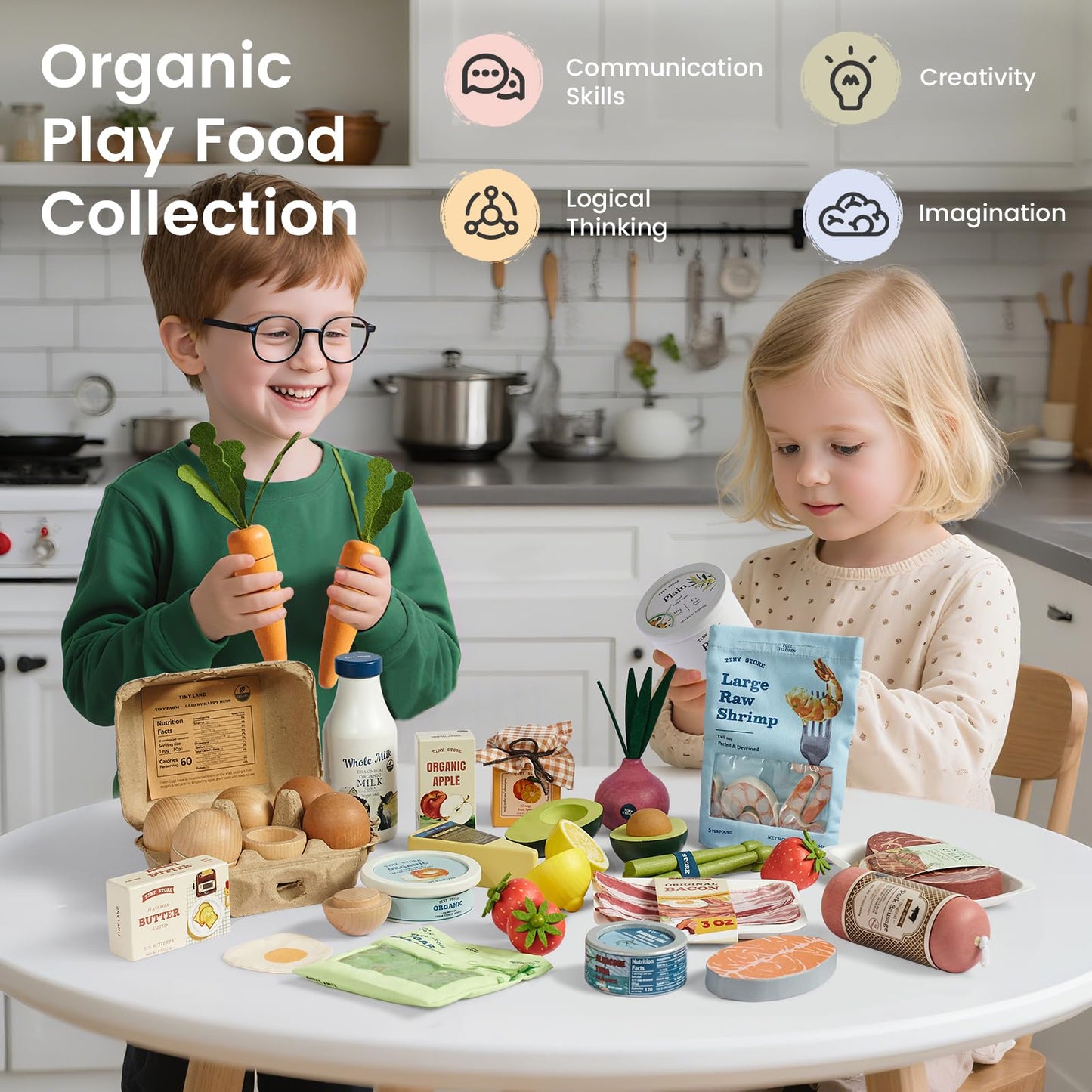 Tiny Land Wooden Play Food for Kids Kitchen, Pretend Food Fruit Set Toy