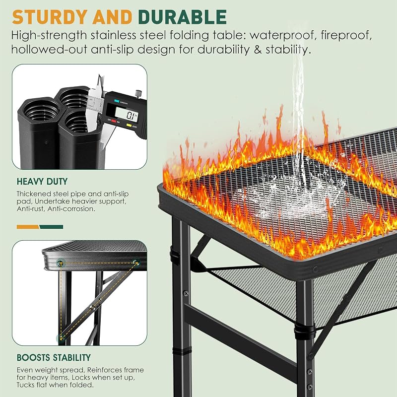 3ft Aluminum Folding Camping Table with 3 Heights, Stain-Resistant, 66 lb Capacity