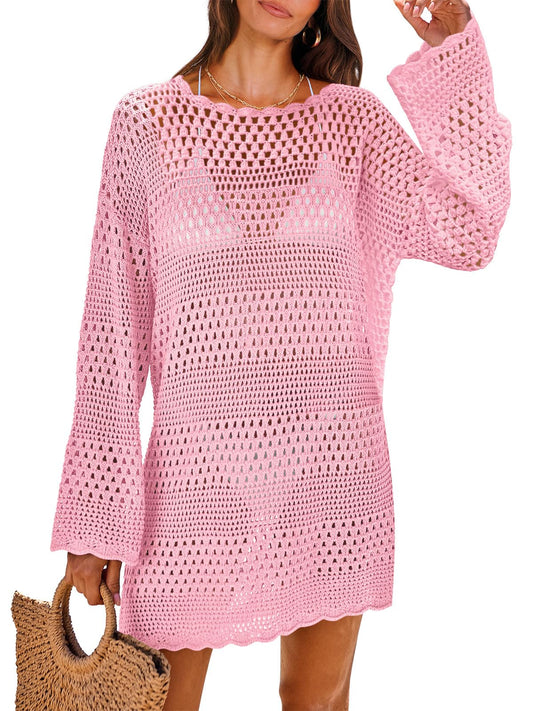 ANRABESS Women Swimsuit Crochet Swim Cover Up 2026 Summer Bathing Suit Swimwear Mesh Knit Beach Dress Vacation Outfits Light Pink X-Large