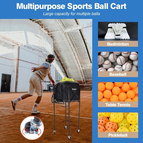 ELKCIP Portable Pickleball & Tennis Ball Hopper with Wheels, Foldable Sports Balls Teaching Cart, Lightweight Softball Caddy, Large Capacity Baseball Basket Carrier for Training
