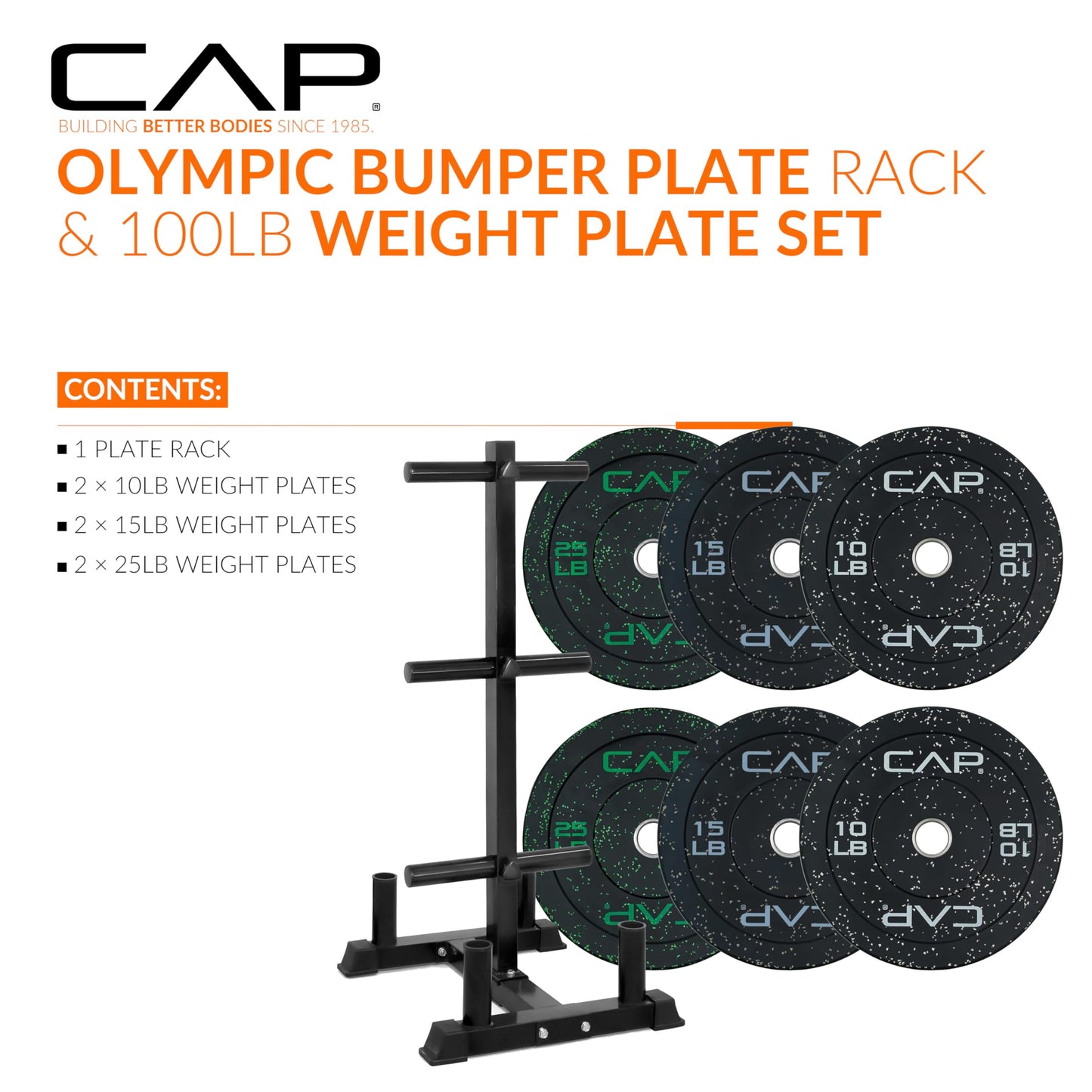 CAP 100 lb Economy Speckled Olympic Bumper Plate Set with Storage Rack, 2-Inch Olympic Plates, Medium Bounce Rubber Weight Plates with Steel Hub, 6 Weight Posts & 4 Barbell Holders for Weightlifting, Strength Training & Home Gym Workouts
