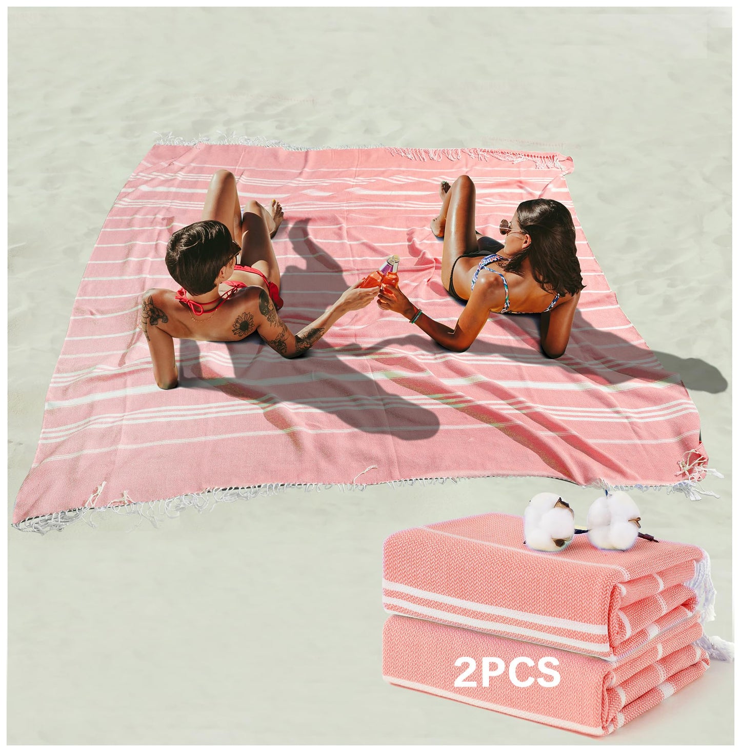 Antfuny 2 Packs Turkish Beach Towel Jumbo Extra Large XL XXL Big Oversized Giant Huge Thin Outdoor Picnic Accessories Airplane Travel Essentials Camping Gears Must Haves Yard Yoga Mat Coral