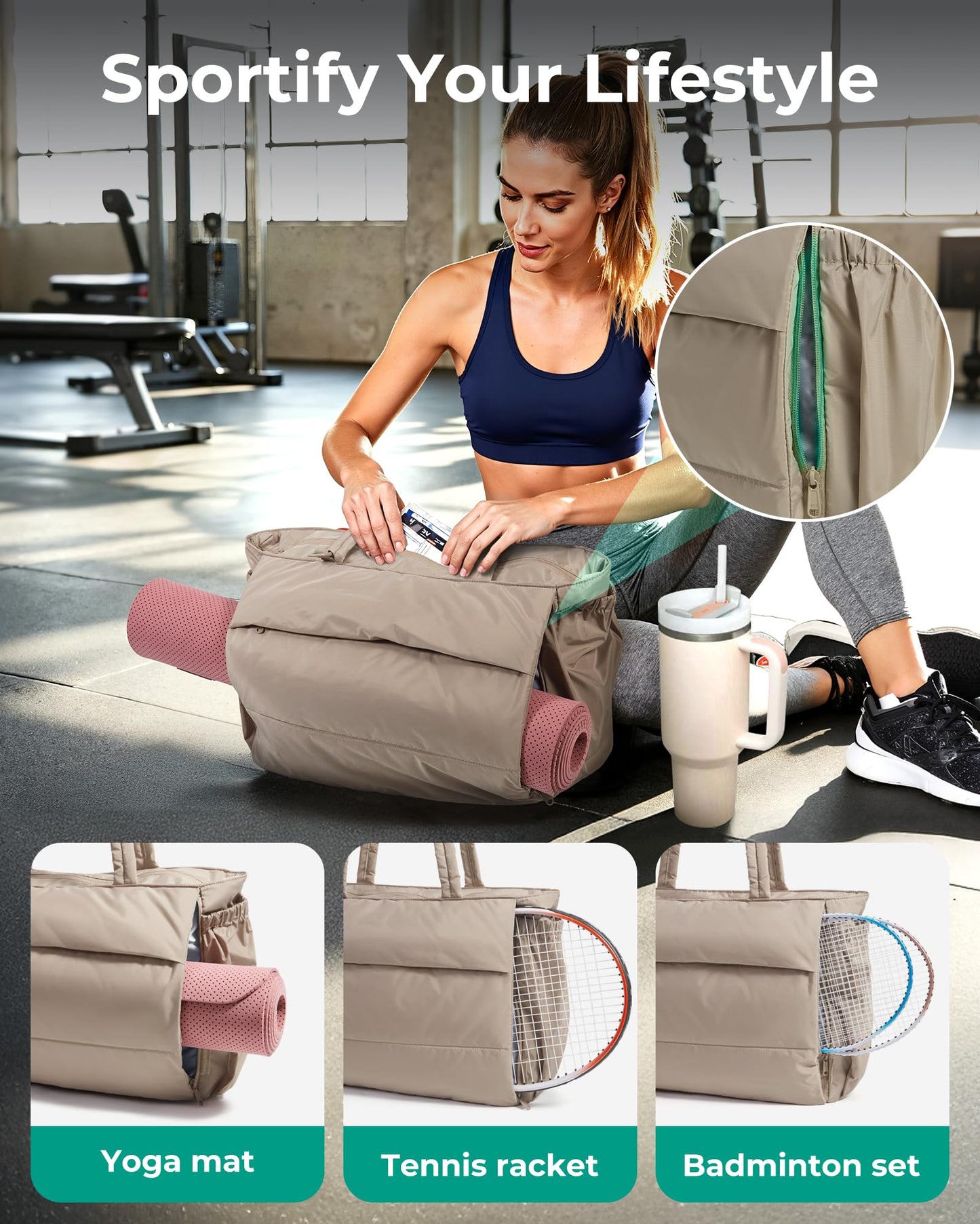 BAGSMART Yoga Mat Bag for Women, 22L Puffer Pilates Bag for 40oz Tumbler, Gym Bag for Yoga Travel College, Desert