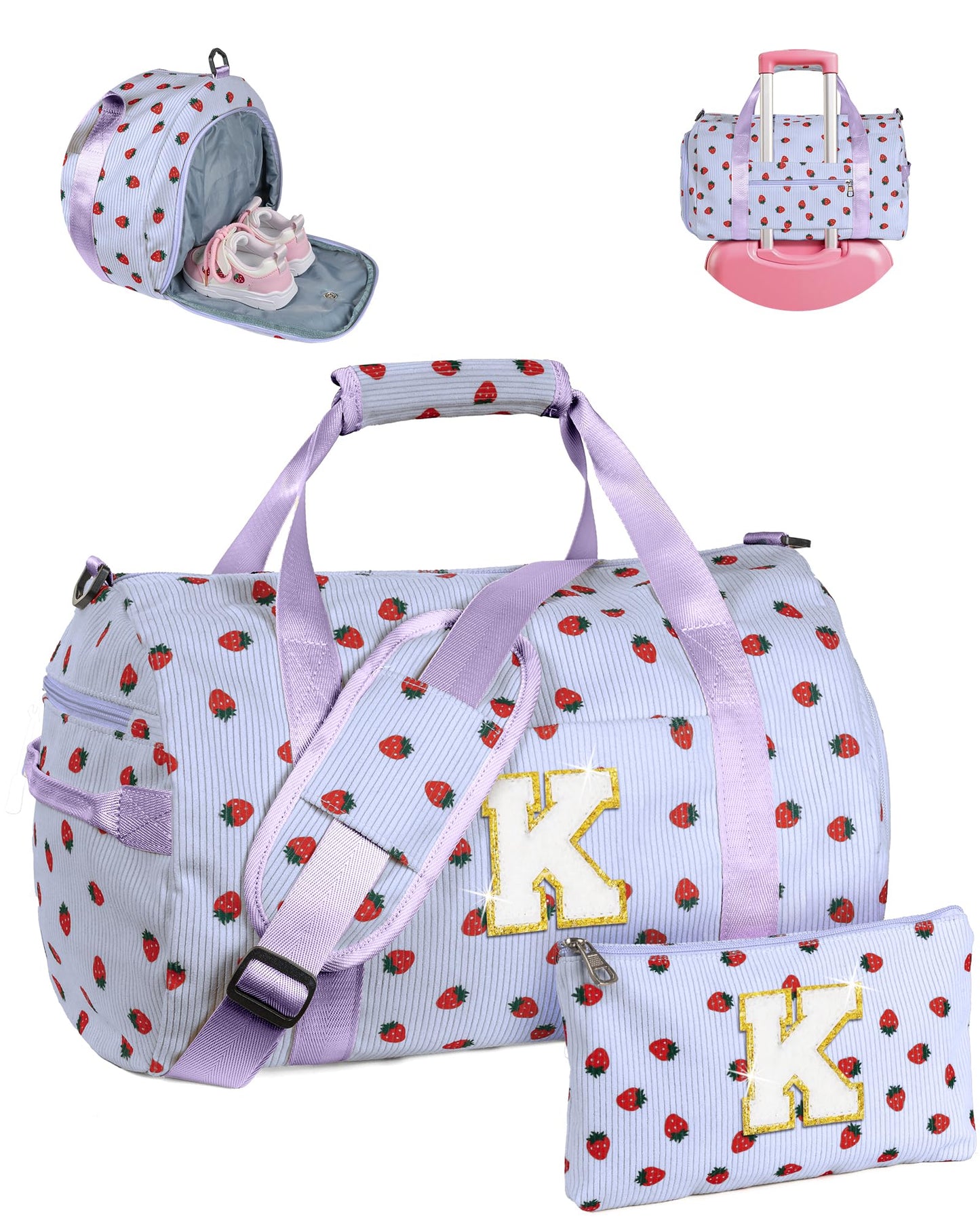 Vogewood 8 Year Old Girl Birthday Gift, Girls Gym Bag, Kids Personalized Overnight Duffle Bags with Shoe Compartment, Monogram Travel Tote with Makeup Bag, Gifts for Sister Grandkids (Letter K)