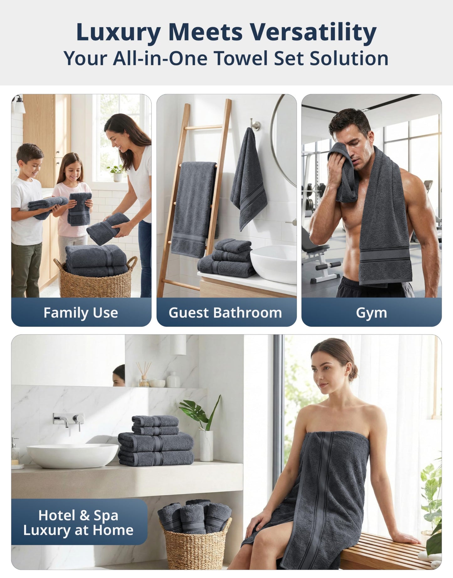 LANE LINEN 100% Mercerized Cotton Bath Towels Set of 18 – Zero Twist, 6 Bath, 6 Hand Towel & 6 Washcloths, Soft, Ideal for Spa Hotel & Home, Gentle on Body, Durable After Multiple Washes – Cool Grey