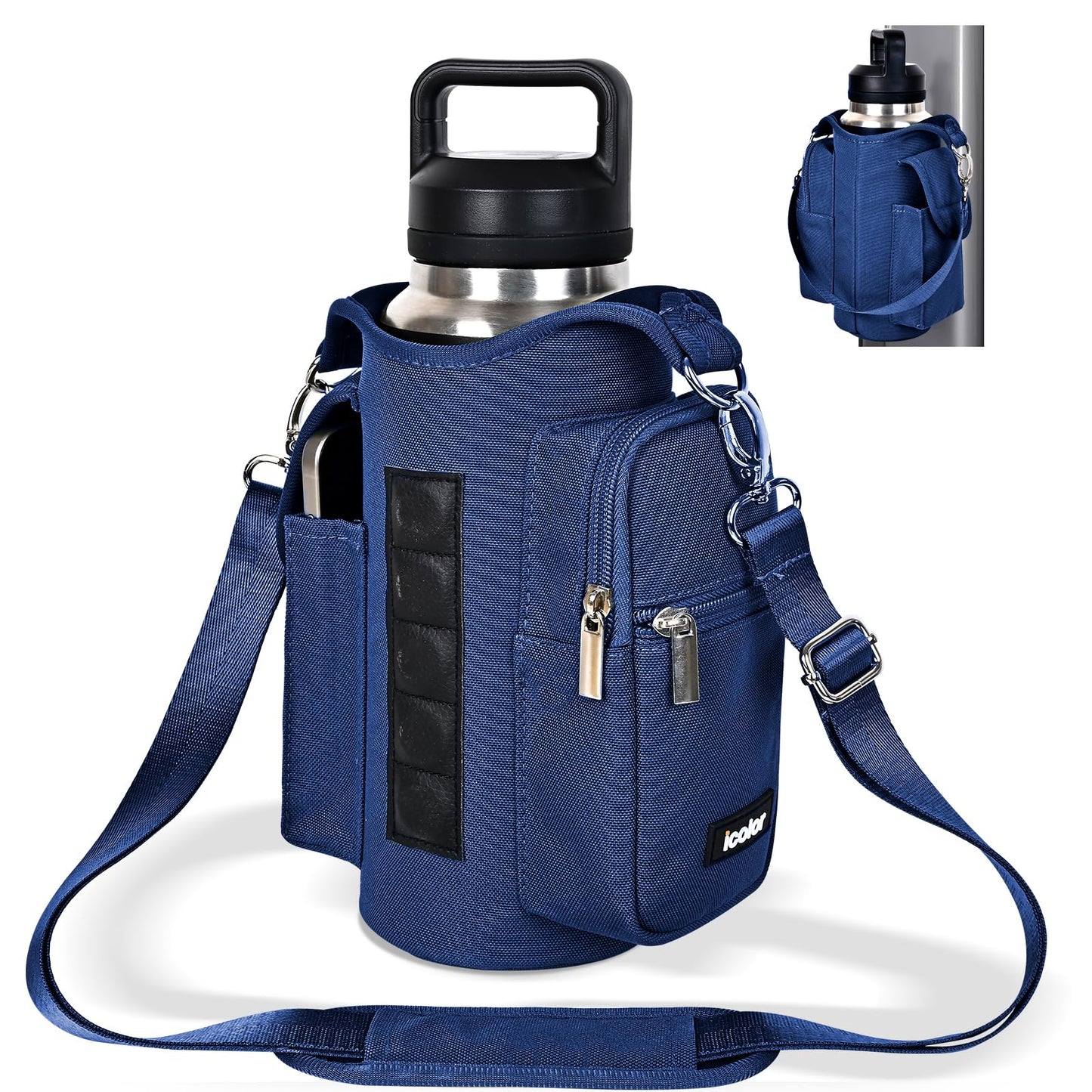 icolor Magnetic Gym Bag Water Bottle Carrier Holder with Phone Pockets & Strap,Nylon Gym Magnetic Bag 5 Built-in Magnets Gym Accessories Organizer Bottle Pouch Sleeve for Men Women (Navy Blue)