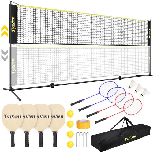 TYRSEN Portable Pickleball Badminton Net Set, 17FT Adjustable Heights All-in-One Net w/4 Pickleball Paddles 4 Badminton Rackets, Freestanding Net for Backyard Family Sports