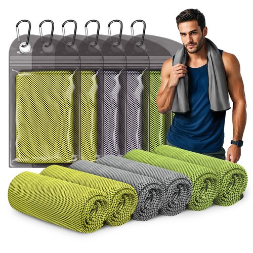 SOOWASH Cooling Towels for Neck & Face (6-Pack) Cooling Towel for Hot Weather Gym, Sports, Yoga Microfiber Reusable Cooling Towels Instant Cooling Rags with UPF 50+ 40"x12"(Gray+Yellow+Green)