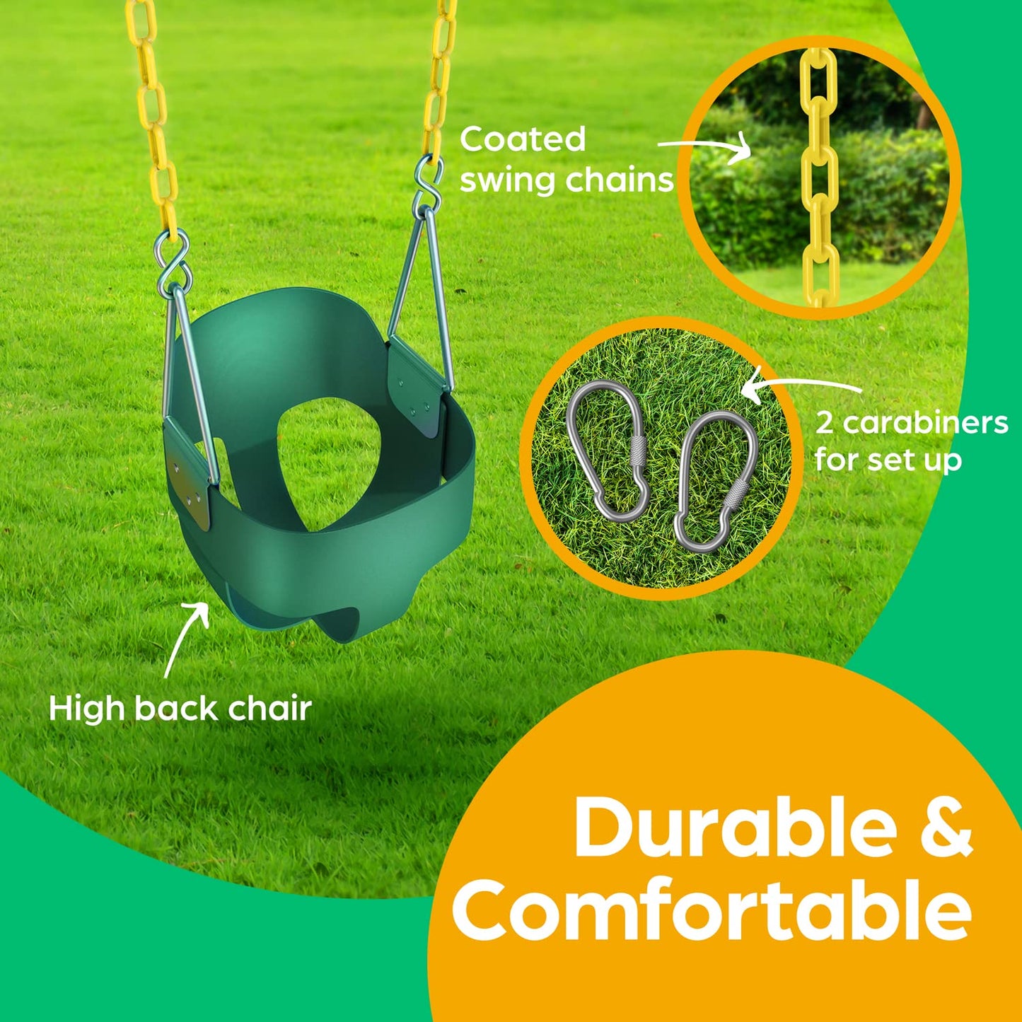 Jungle Gym Kingdom Baby Swing Outdoor - Heavy Duty Toddler Swing Set Accessories, High Back, Full Bucket Seat with Coated Chains for Outdoor Use - Fully Assembled - Green
