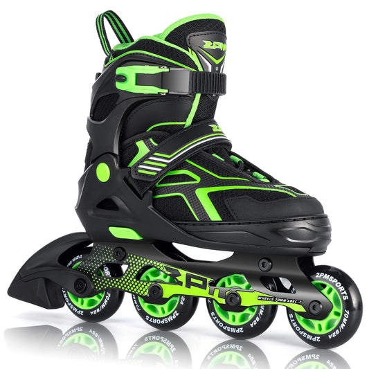 2PM SPORTS Torinx Boys Adjustable Inline Skates, Fun Beginner Roller Skates for Kids, Youth, Girls, Men and Women - Green Medium