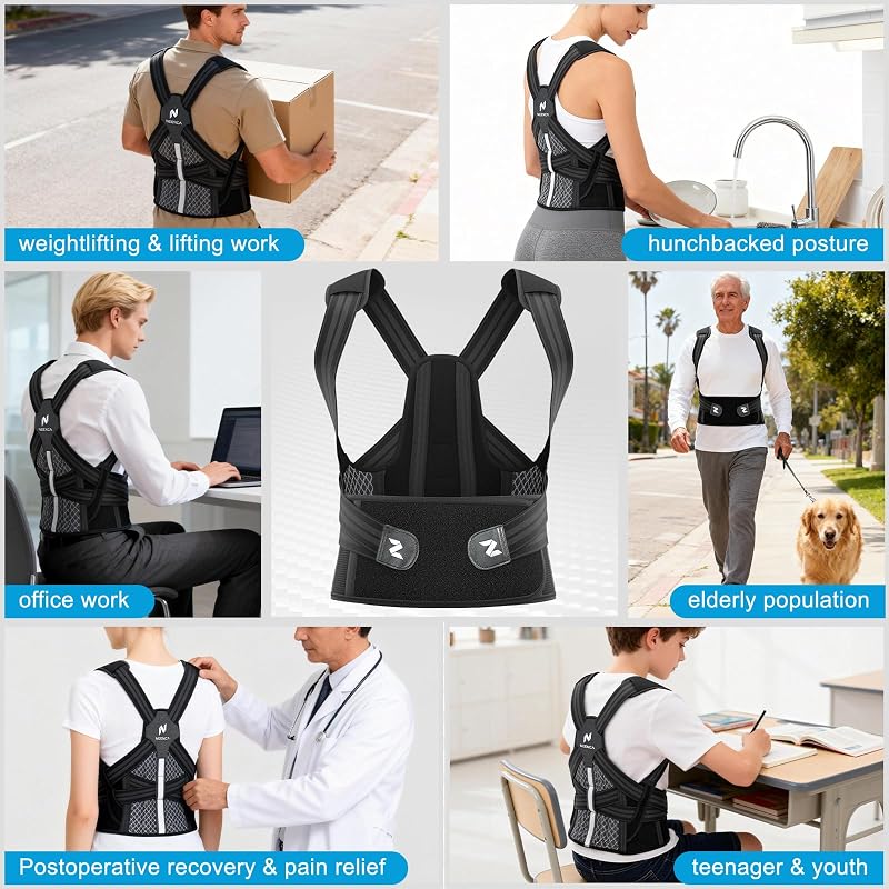 Posture Corrector for Men & Women with 2 Aluminum Spinal Rods – Medical Back Brace (Black, Large)