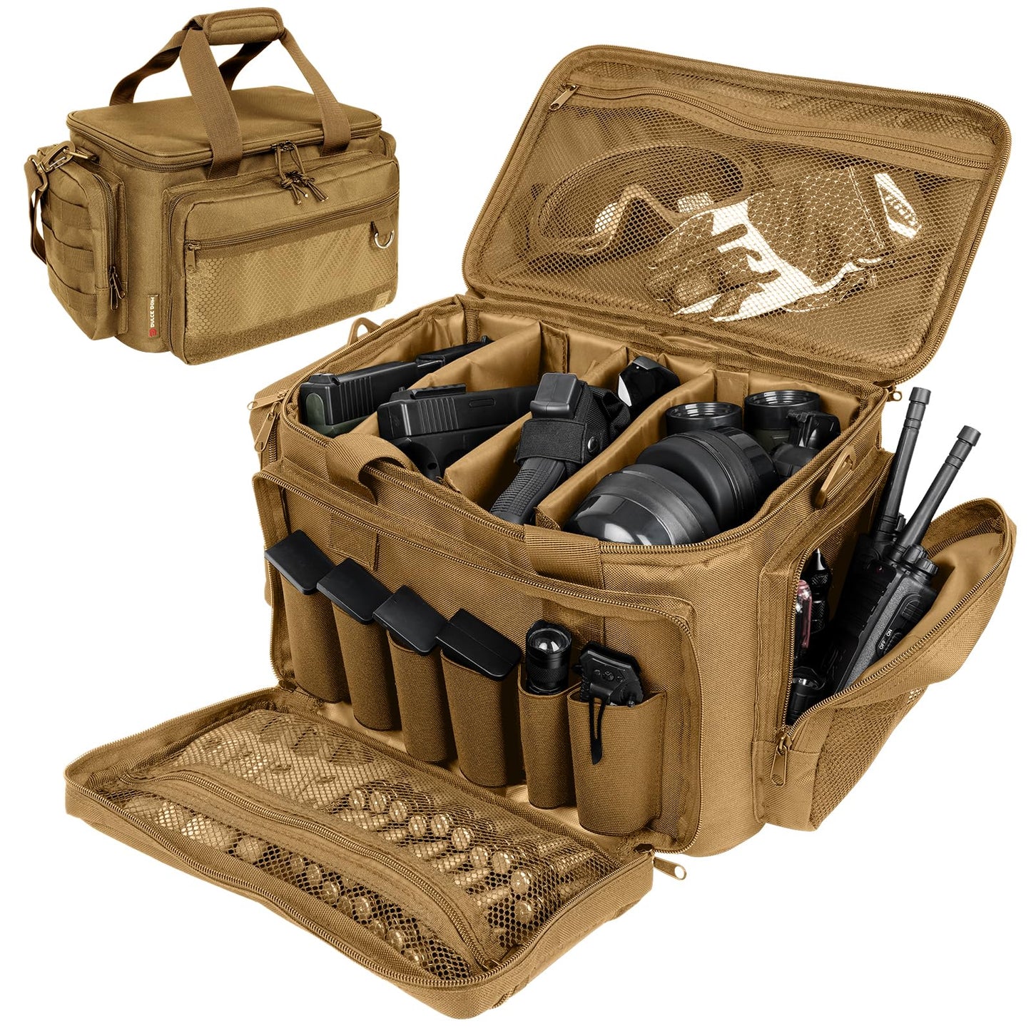 DULCE DOM Tactical Gun Range Bag for Handguns & Pistols - Lockable Compartment, Ammo Storage, Magazine Slots, Durable Range Essentials Bag (KHAKI)